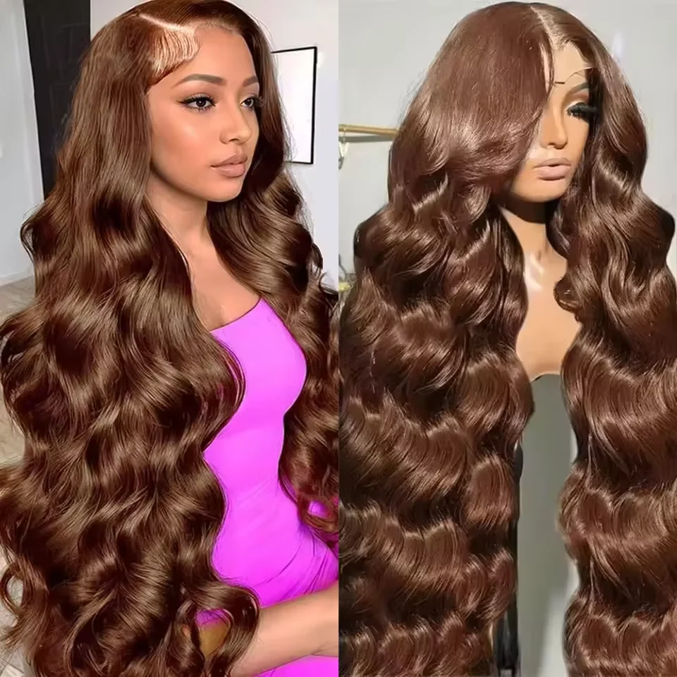 

#4 Colored Chocolate Brown 36 Inches Body Wave Human Hair 200 Density 13x6 HD Transparent Lace Front Human Hair Wigs For Women
