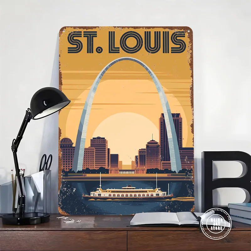 St. Louis Gateway Arch Skyline Metal Poster Custom Wall Art Retro Vintage Tinplate Signs for Man Cave Decoration Bedroom House