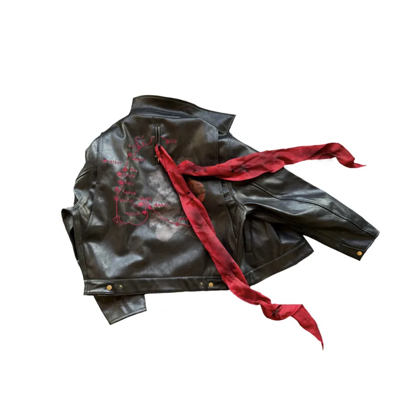 HKSH Spring Autumn New Men Tide Chic Ins Original Print Embroidered Distressed Leather Jacket Fashion Dark Punk PU Coats HK28448