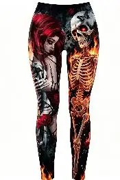 Women Mid‑Rise Fleece Lined Leggings, Gothic Skull Lady Red Rose Art Print Slim Stretch Halloween Cosplay Party Pants