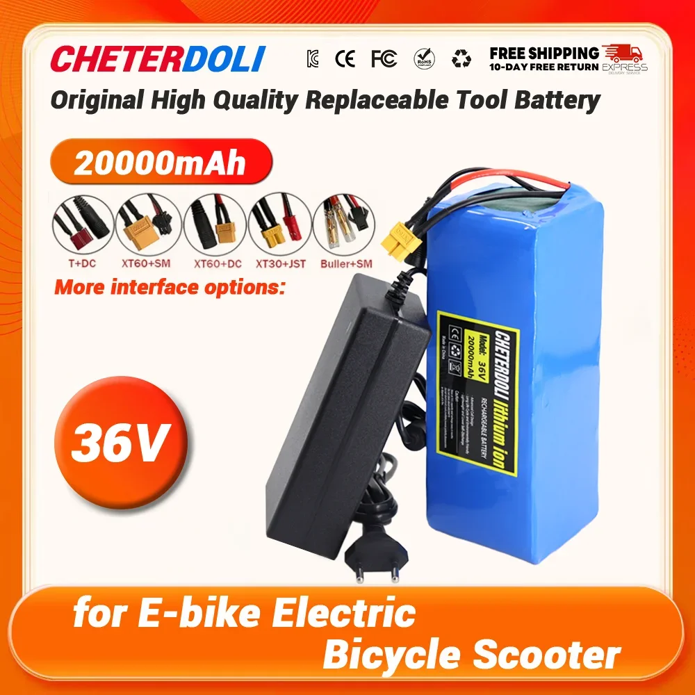 CHETERDOLI 36V 20Ah 10S4P Baterai Lithium 18650 20000MAh 800W 500W 450W 350W 250W Ebike Mobil Listrik Sepeda Motor Skuter