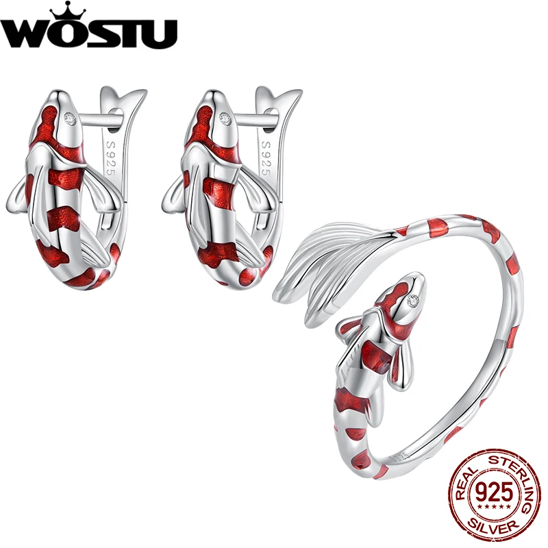 WOSTU 925 Sterling Silver Koi Open Ring Ear Clips Jewelry Set with Zircon for Women Party Gift Lucky Jewelry Original Certified