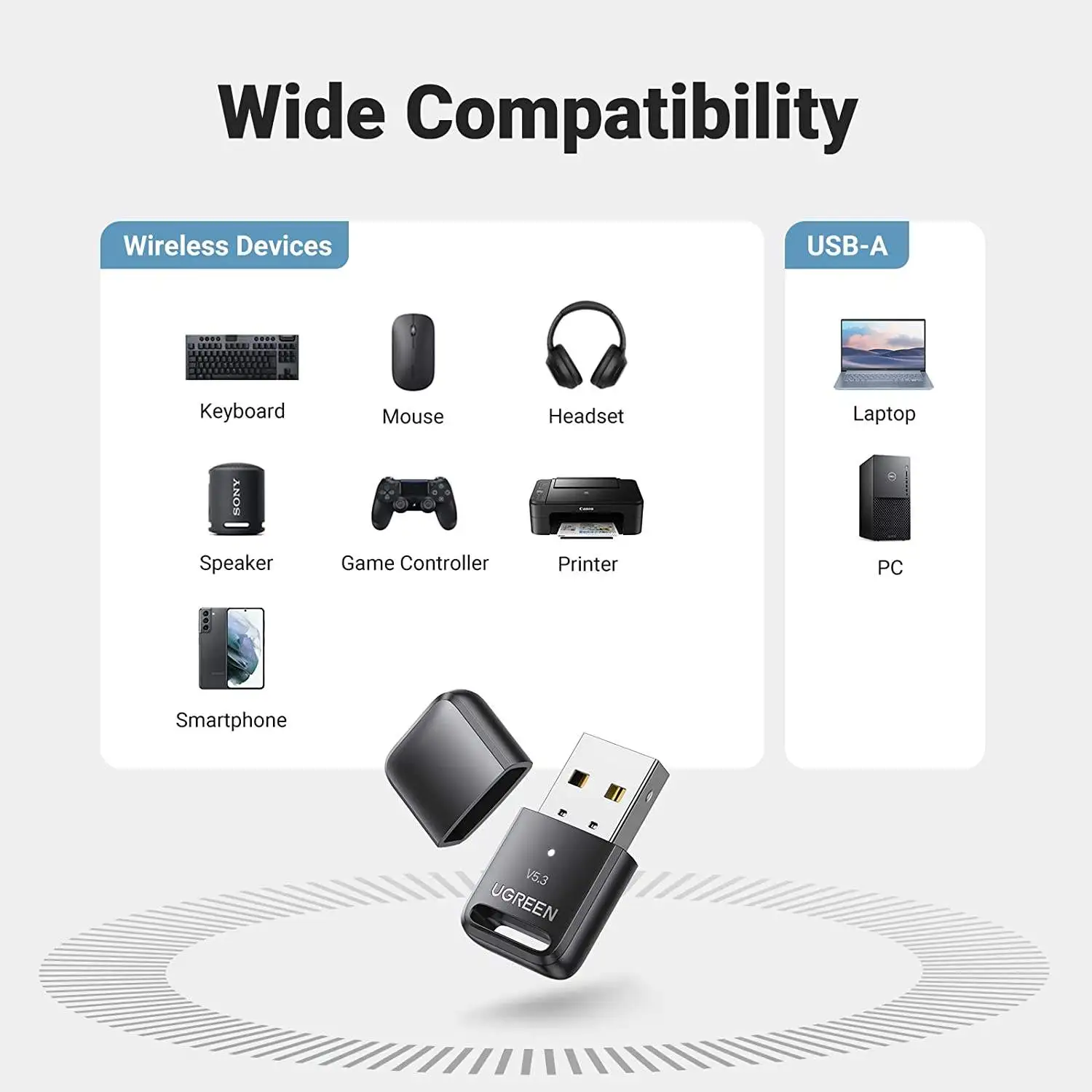 UGREEN CM591 Bluetooth 5.3 Adapter Transmitter Plug and Play USB Adapter Transmitter for PC Keyboard Mouse