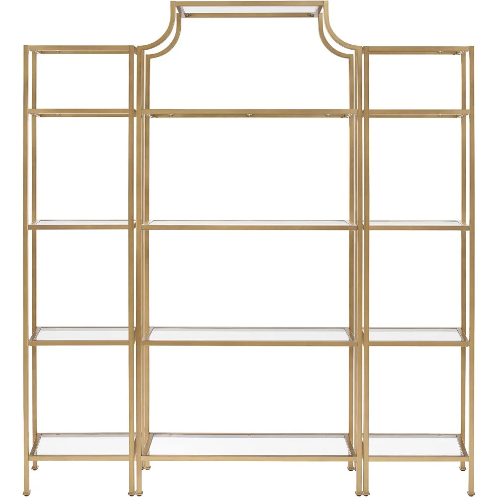 Juego de estantería de 3 piezas con estantes de vidrio, estantería de almacenamiento, dorada y de vidrio