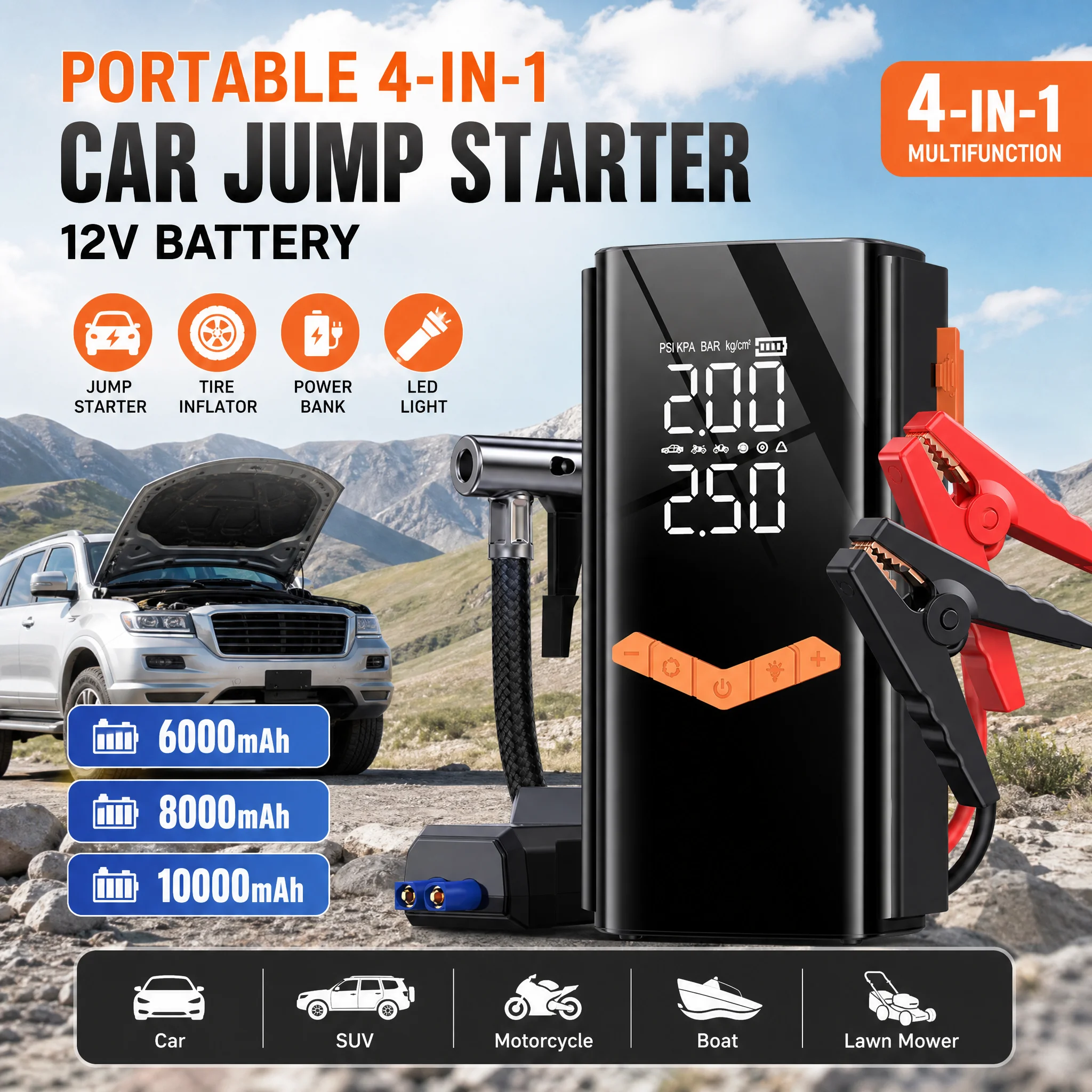 4-in-1 12V Car Battery Car Jump Starter Portable Booster Power Bank with 150PSI Tire Inflator Air Pump for Gas Diesel Vehicle