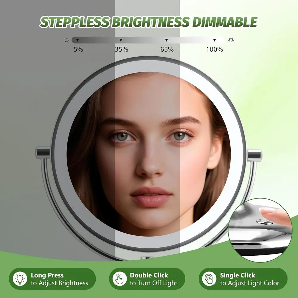 Miroir de maquillage éclairé 9 avec grossissement 20X/1X, chargement de base et miroir de courtoisie à éclairage réglable en 3 couleurs pour un usage domestique