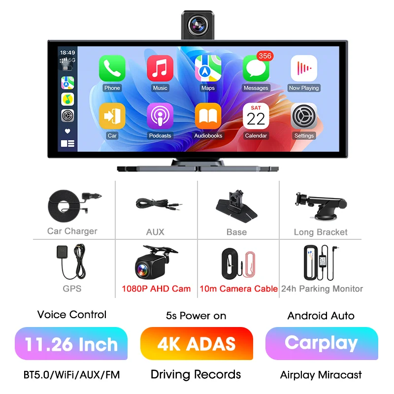 11.26 "4K ADAS Dash Cam Display Draadloos Android Auto CarPlay Scherm DVR Dubbele opname Nachtzicht Auto Intelligente systemen FM
