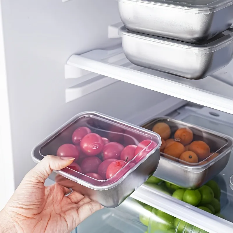 3 contenedores de almacenamiento de acero inoxidable, cajas cuadradas de almacenamiento de alimentos, organizadores de refrigerador, contenedores de almacenamiento al aire libre