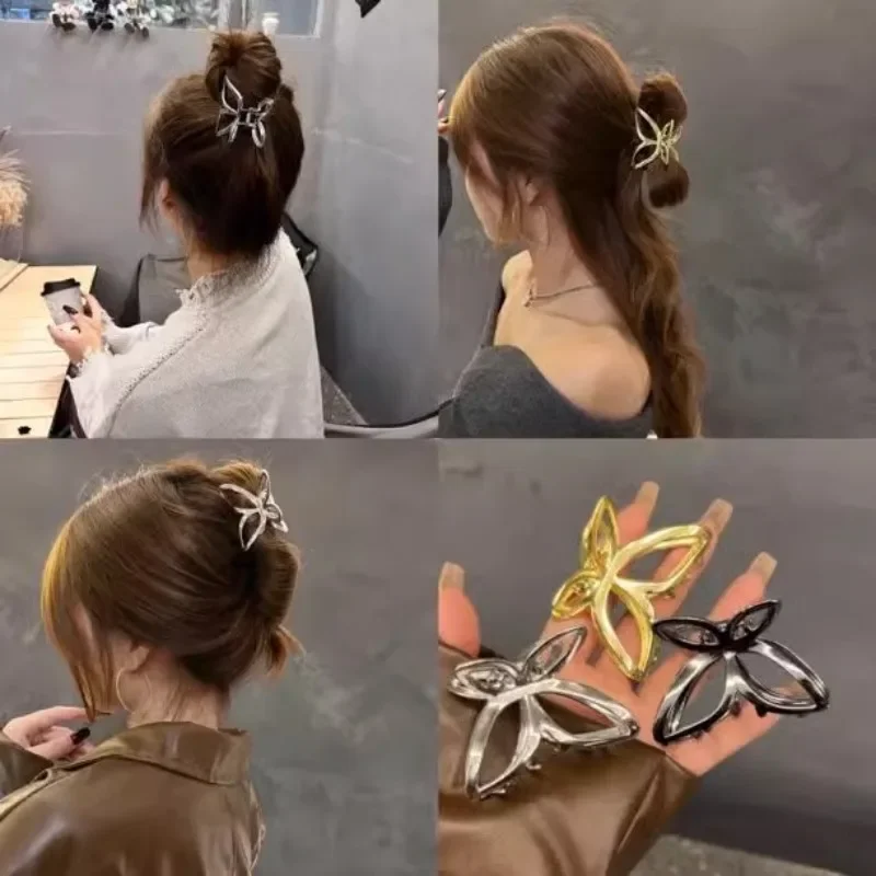 New Gold Silver Hollow Butterfly Hair Claw Geometric Metal Hair Clamp Vintage Ponytail Holder Fashion Girls Hairpin Accessories