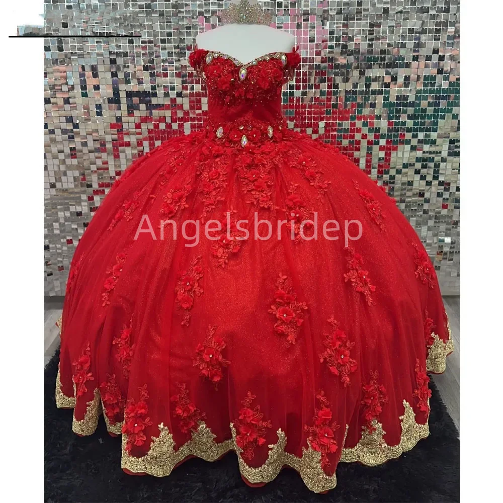 Angelsbride Sparkly Red Ball Gown Quinceanera Dresses With 3D Flora Crystals Gold Appliques Off Shoulder Vestidos De 15 Años