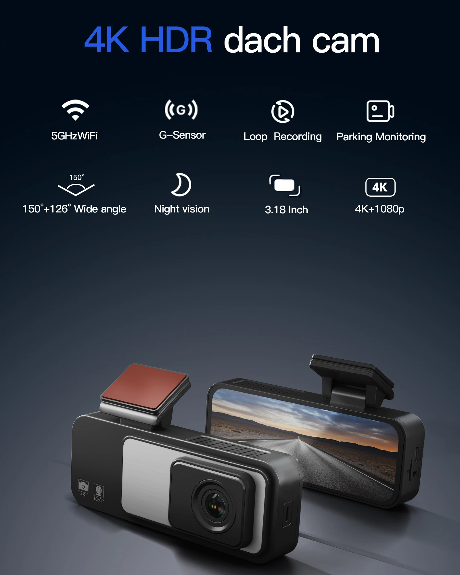 Gravity Sensing, Built-in WiFi Upgrade, 4k Dual Channel Driving Recorder