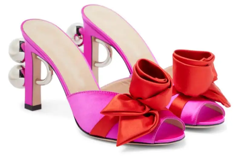 Hot Pink Yellow Satin Flower Peep Toe Slippers Women Metal Ring Ball Strange Block Heel Mules High Heel Sandals Shoes Size 43