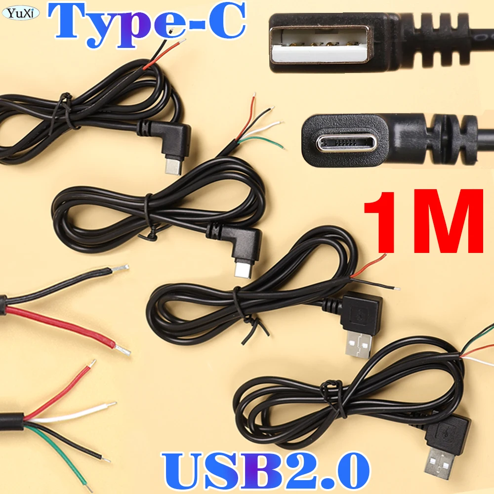 1pc USB 2.0 Type-C Male Elbow Head Cable Plug DIY Power Supply Data Charging Cord 2Pn 4Pin USB-C Extension Cord 1M 0.25M