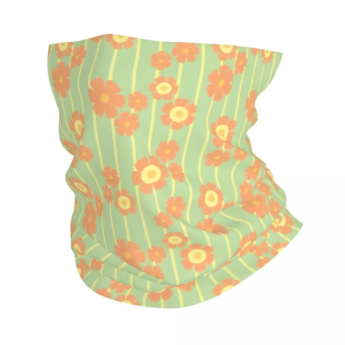 RETRO FLOWER STRIPES ORANGE AND GREEN Scarf Neckerchief Neck Face Mask Polyester