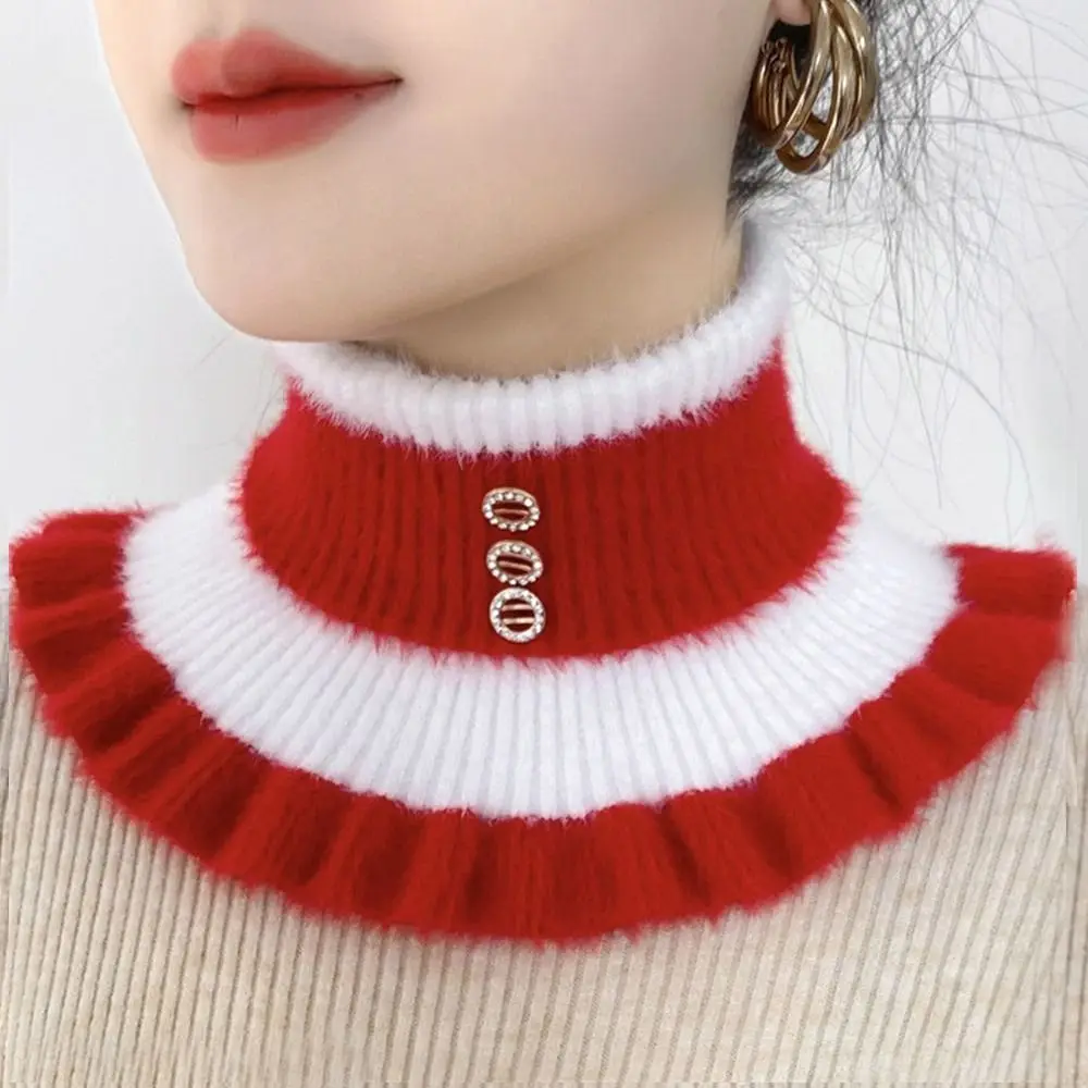 New Winter Thick Mink Velvet Ruffle Elastic Fake Collar Pullover Warm Scarve Women's Wool Knit Stripe Diamond Neck Guard Scarf