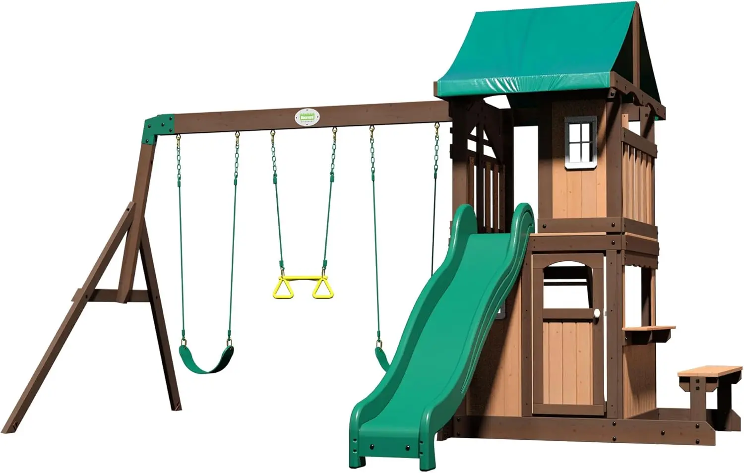 Backyard Discovery Lakewood Cedar Wood Swing Set, Covered Upper Deck with White Trim Window, Slide with Rails, Lower Fort Area w