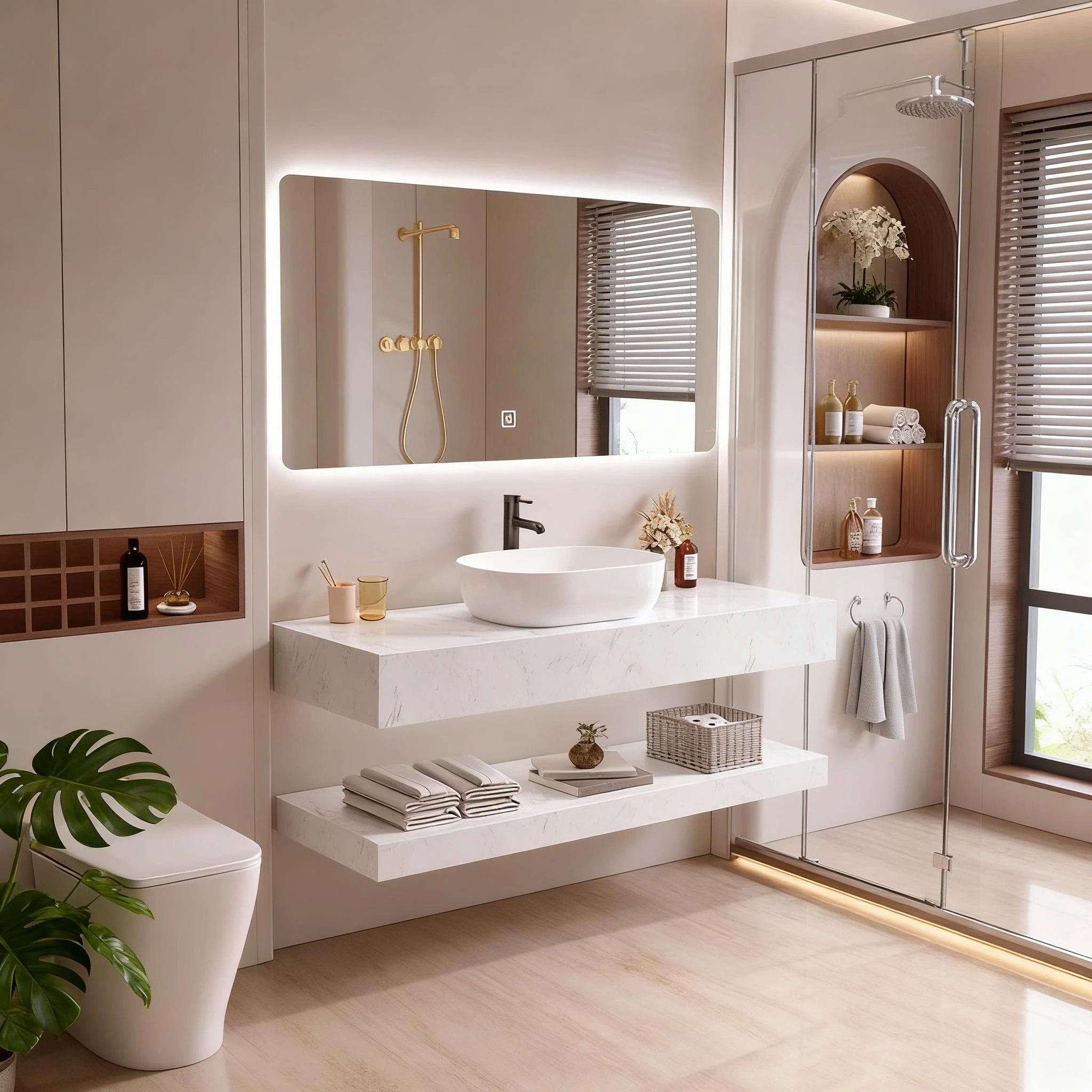 Luxury Modern Marble Bathroom Vanity With Smart Mirror Ceramic Basin Wall-mounted Design For Apartment Hotel Use 5 Year Warranty
