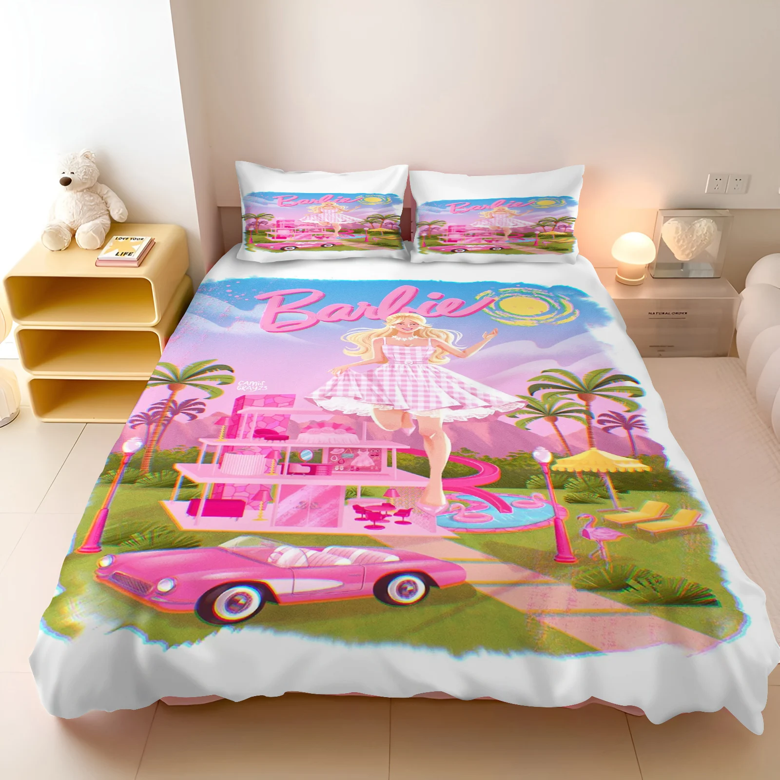 

MINISO-PrintedBarbie Set for Girls, Disney Co-branded Barbie Pink, Modern Duvet Cover, 2 Piece Bedding Set