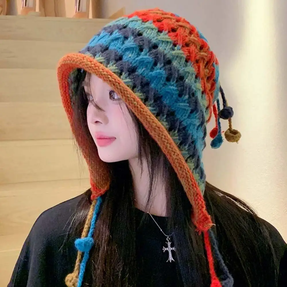 Ear Protection Tassel Ball Knitted Hat Stripe Japanese Style Rainbow Knitted Beanie Windbreak Simple Winter Bomber Hat Outdoor