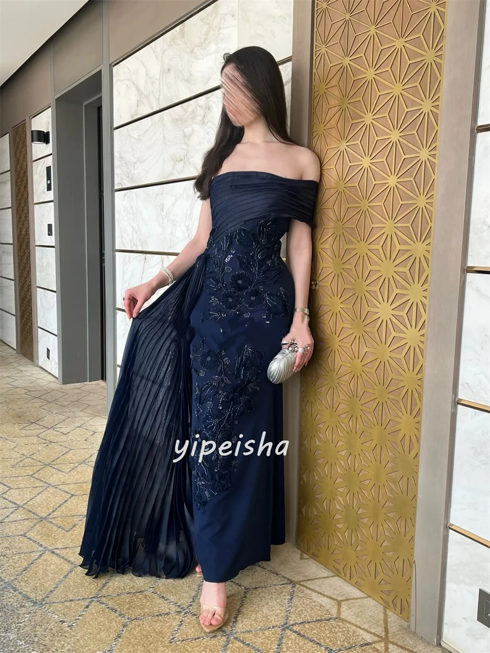 Customized Modern Style Classic Jersey Handmade Flower Beading Straight Strapless Ankle Length Dresses Bespoke Occasion Dresses