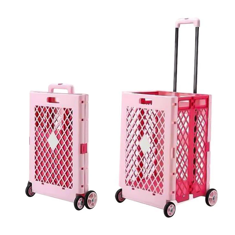 

65L Folding Trolley Cart Portable Lightweight Basket with 4 Wheels Telescopic Aluminum Alloy Rod Capacity for Outdoor Carrying