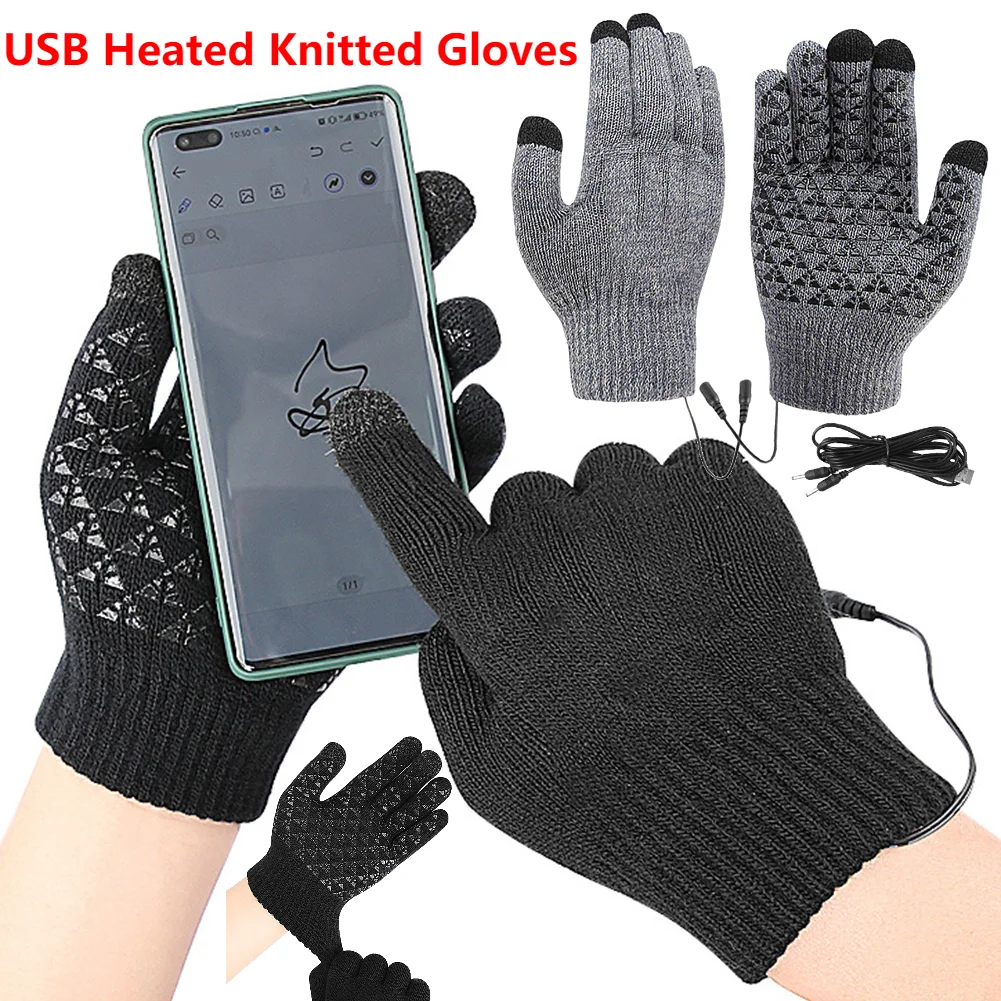 USB Heated Knitted Gloves Full Finger Gloves Non-Slip Touch Screen Gloves Thicken Winter Cycling Gloves for Men Women