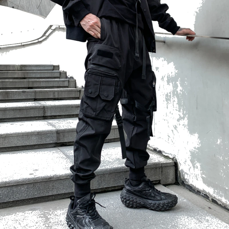 

Autumn and Winter Men and Women's Techwear Style Overalls Multi-Pocket High Street Loose Ankle-Tied Casual Trousers Black Pants