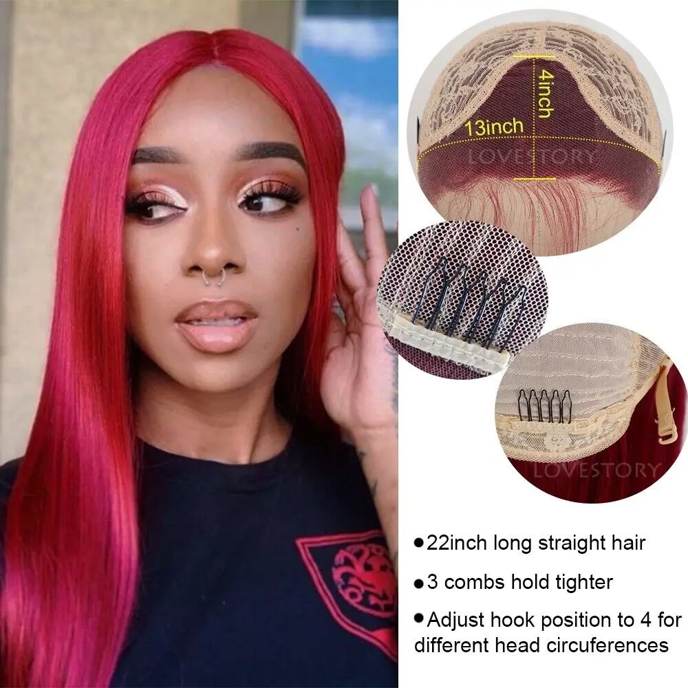 Women Lace Front Red Long Straight Synthetic Hair Wigs Heat Resistant Party