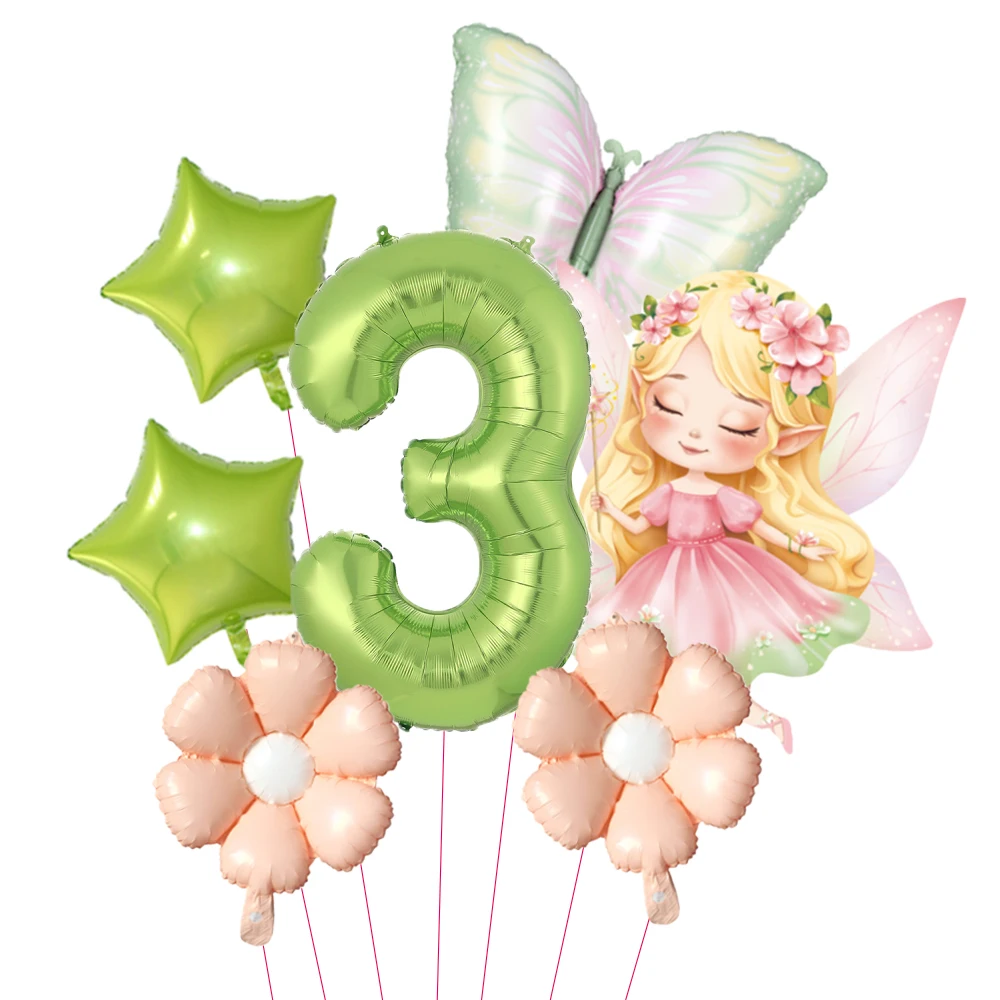 5/7-teiliges Feen-Gänseblümchen-Schmetterling-Ballonset Grüne Zahlen 40-Zoll 0-9 Folienballons Geburtstag Hochzeit Party Deko Babyparty Zubehör