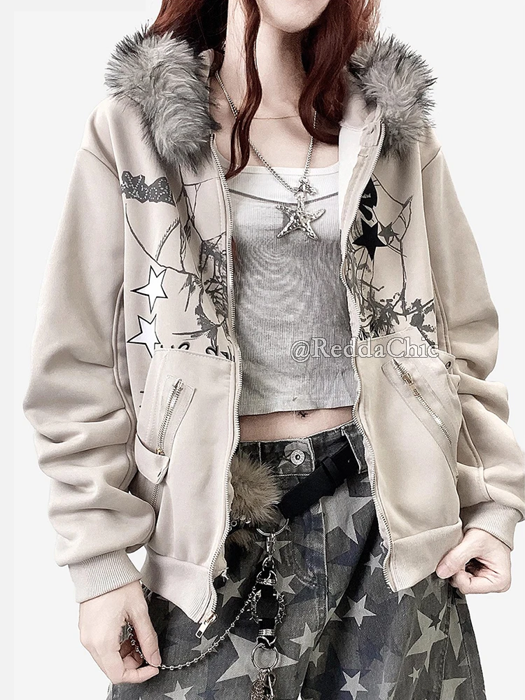 REDDACHiC Esthetische Zip Up Grafische Hoodies Jas Bunny Oor Fuzzy Capuchon Fleece Gevoerde Oversized Top Harajuku Y2k Vrouwen Kleding