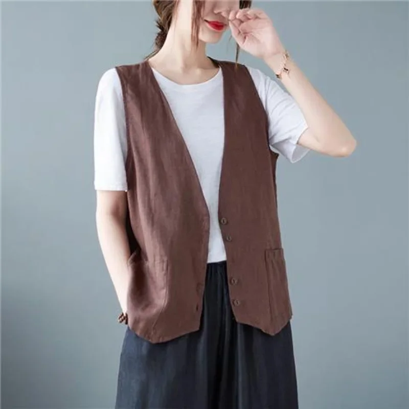 Vintage Cotton Vest Spring Summer Sleeveless Jacket Chic Korean Women Coat Buttons Outerwear Cardigan Plus Size