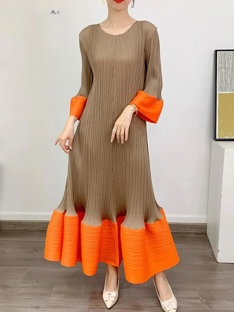Pleated Fashion Casual Dress Fungal Splicing Women's A-Line Full Sleeve Waist Solid Colour Miyake Summer 2026 Women's Dresses