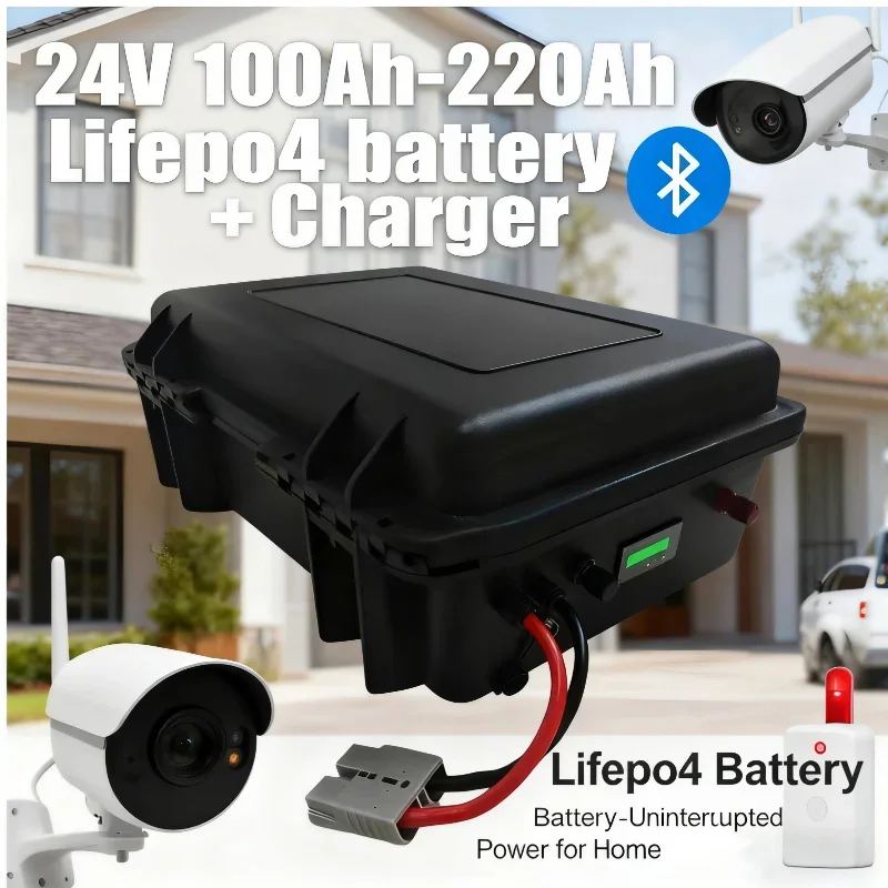 LiFePO4 Battery 24V 100Ah -200Ah Deep Cycle Lithium Battery with BMS & Charger for Trolling Fishing Boat Propeller Marine RV Sol