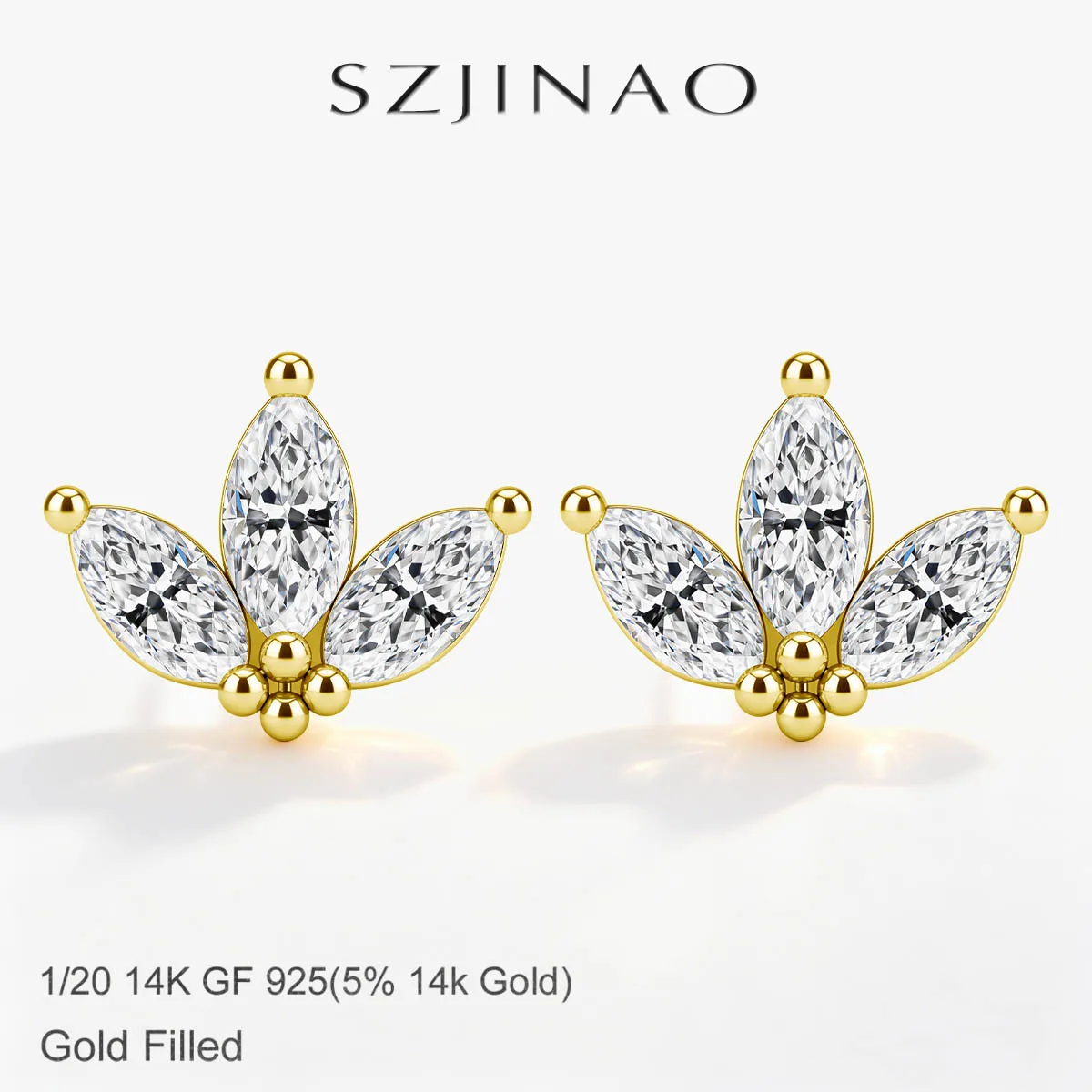 3CTTW Marquise Moissanite Diamond Three Stone Stud Earrings Real 14K Gold Filled 1/20 14K GF 925 Durable Jewelry for Women
