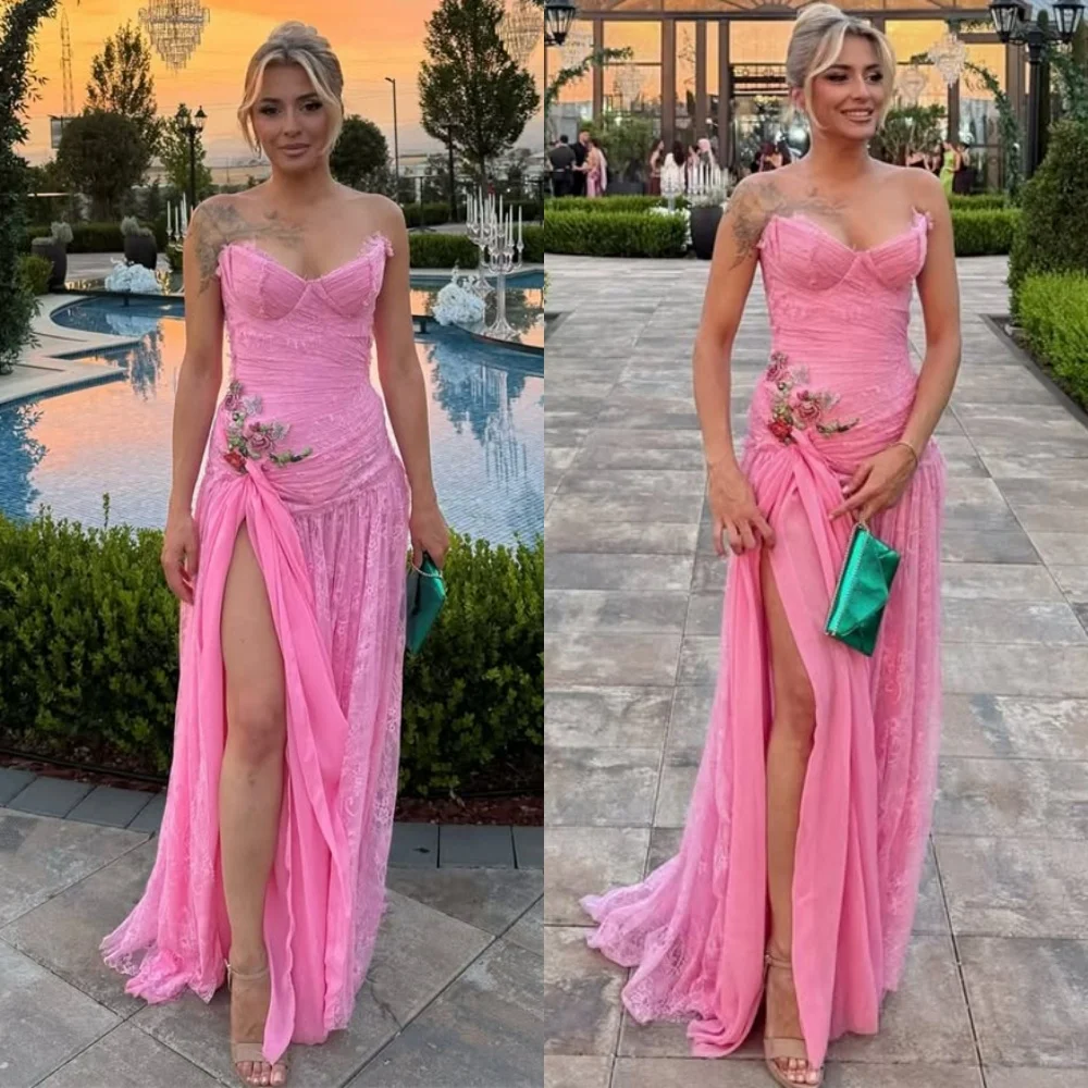 

Customized Delicate Pink Chiffon Evening Dress Exquisite Strapless Embroidery Prom Dress Chapel Train Bespoke Occasion Gowns
