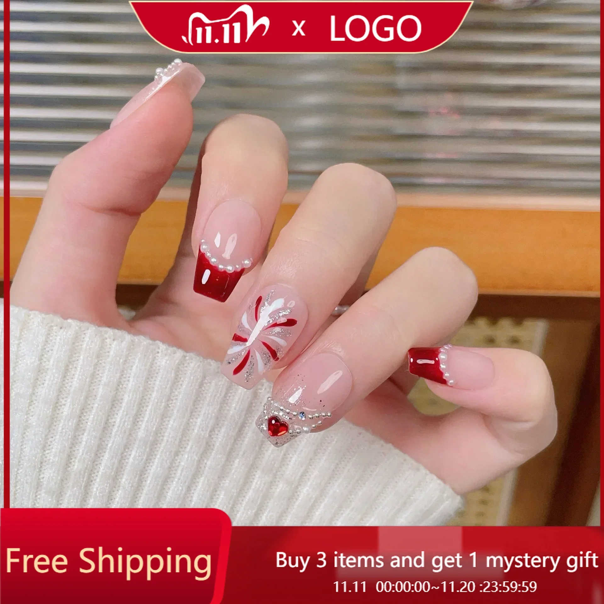 

10Pcs Romantic Red Handmade Press on Nails Shiny Heart&Pearl Accents with Firework Design False Nail Art Tips for 2025 New Year