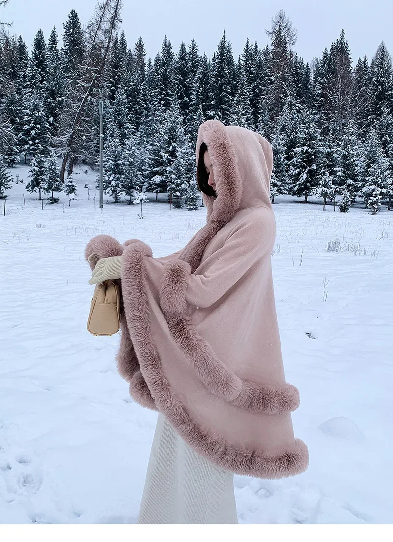 Autumn Winter Loose Fur Collar Shawl Thickened Faux Rabbit Fur Coat Large Cloak Warm Casual Style Knitted Sweater