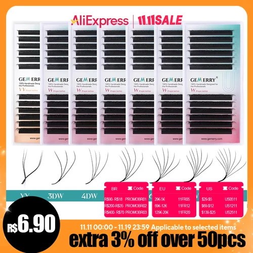 Extensión de pestañas en forma de Gemerry YY, floración automática en forma de W, floración 3D 4D 5D 6D 8D, ventiladores prefabricados, maquillaje de pestañas, volumen