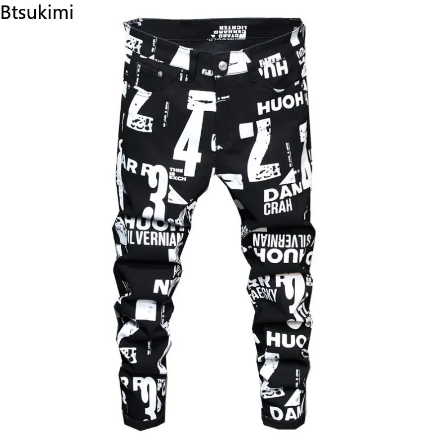 2025 New Men's Letter Printed Jeans Trend Street Style Casual Hip Hop Trousers Men Elastic Slim Denim Pants Fashion Pencil Pants