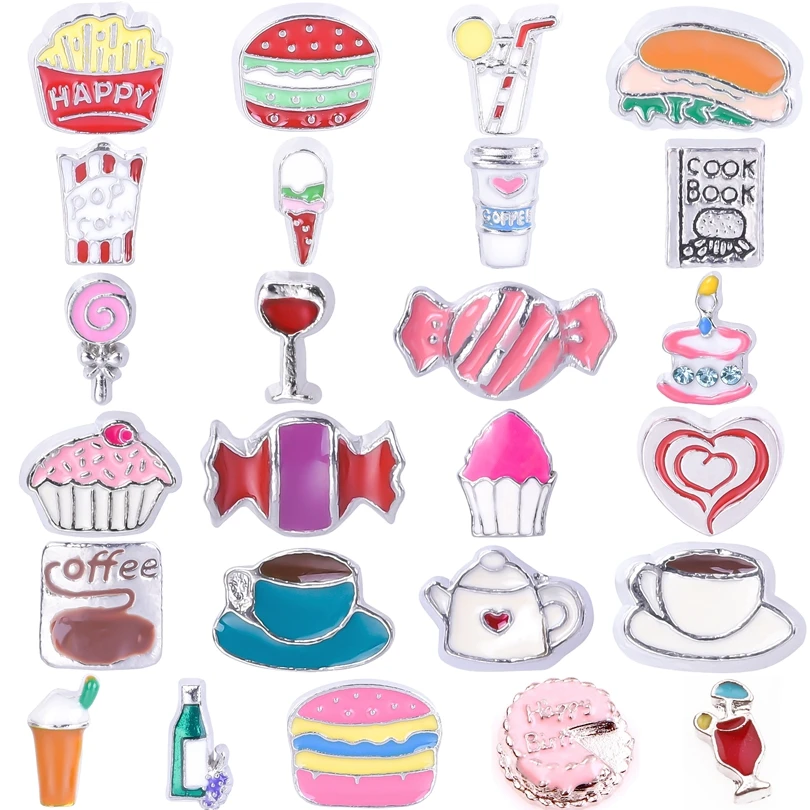 20Pcs/Lot Kawaii Food Cake Macron Sweets Candy Snacks Chips Drinks Floating Charms Fit Glass Memory Locket  Necklaces Jewelry