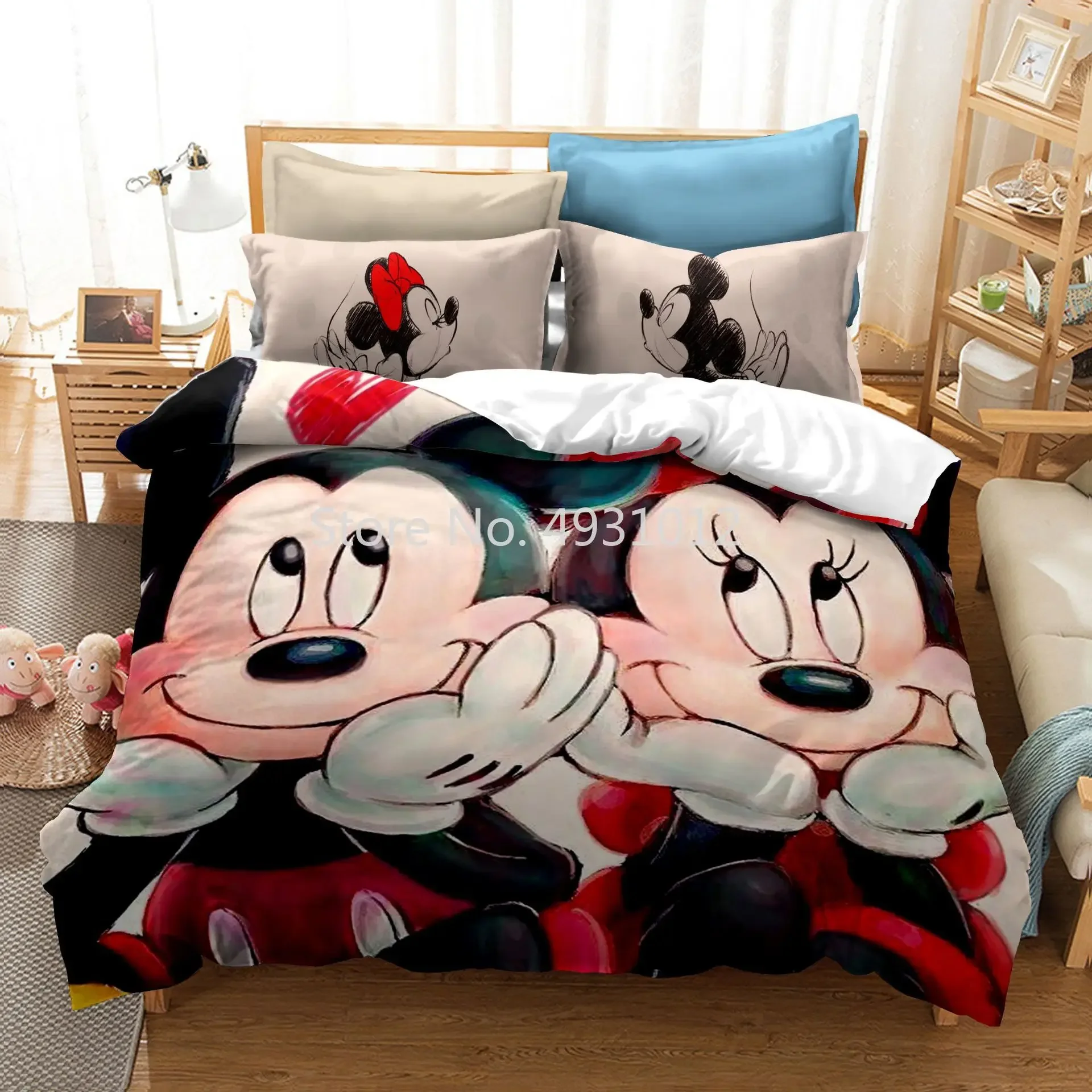 Anime Mickey Minnie Mouse Love Duvet Cover Bedding Set 3pcs Queen King Size Cartoon Single Double Twin Full Children Kids Gift