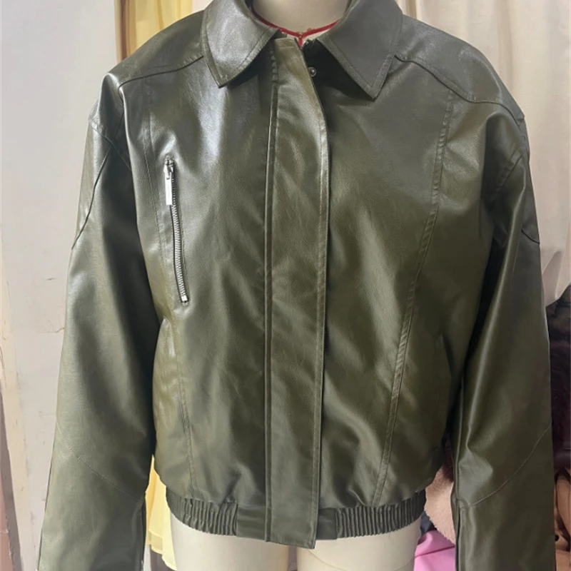 Mode Groene Leren Jas Vrouwen Stand Kraag Lange Mouw Rits Loose Fit Outerwears Nieuwe Herfst Chic Straat Pendelen Dame Tops