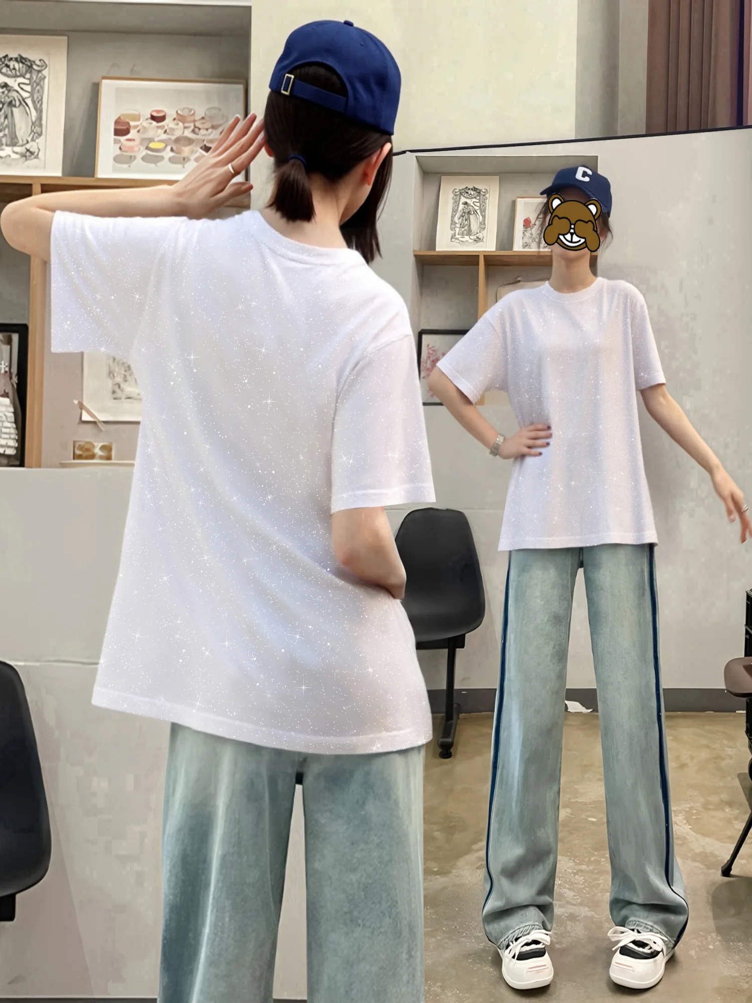 Klein Blue American Style Women's T-shirt Summer Loose Design Sensation Sequin Star Top Trendy Cotton Short Sleeve round Neck