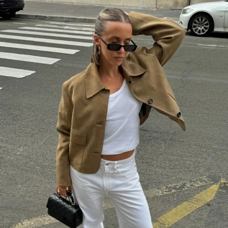 Retro Suede Solid Jackets Women Elegant Single Breasted Lapel Brown Short Coats 2024 Autumn Winter Fashion Soft Pocket Outwears