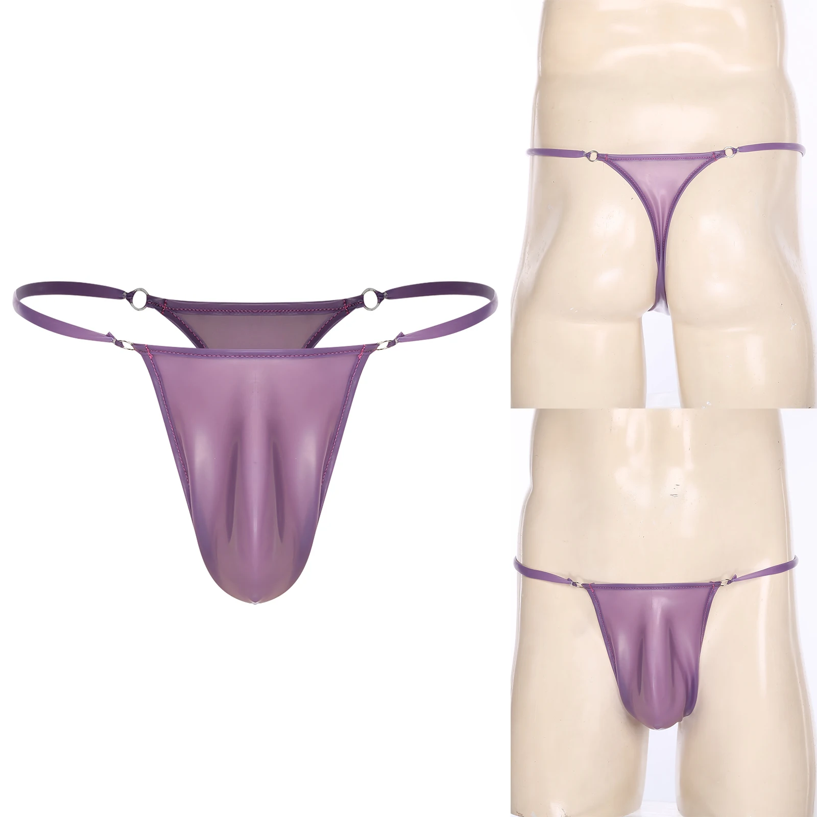 

Men Sexy Latex T-back Thong Bulge Pouch Spaghetti Waistband with O-ring Linked Briefs Underwear Lingerie Dating Underpants