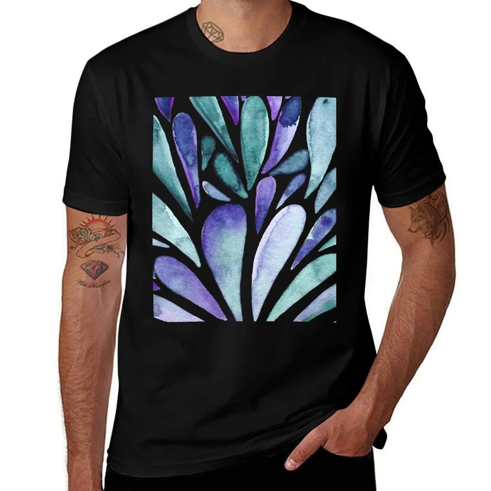 Watercolor artistic drops - purple and turquoise T-Shirt Large Size Casual Short Sleeve Top T-Shirt