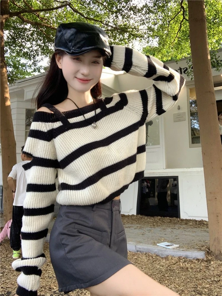 Panelled Sweaters Women Striped Loose Spliced Y2K Japanese Style Harajuku Cropped Aesthetic Youthful Vitality Popular Spice Girl