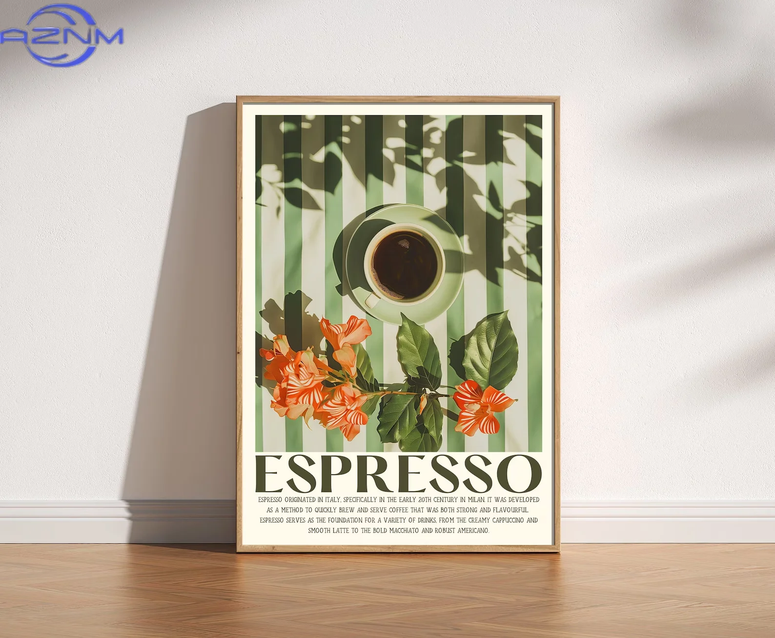 AZNM Retro Vintage Espresso Coffee Print Aesthetic Kitchen Poster Italian Coffee Art with Coffee Cup on Table for Cafe Decor
