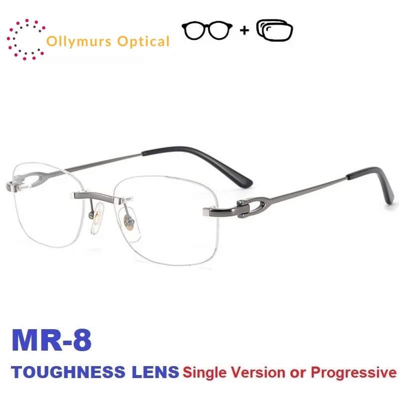 

OLLYMURS Rimless Prescription Glasses Anti Radiation Aspheric Optical Lenses with Recipe Myopia Eyeglasses Pure Titanium Frame