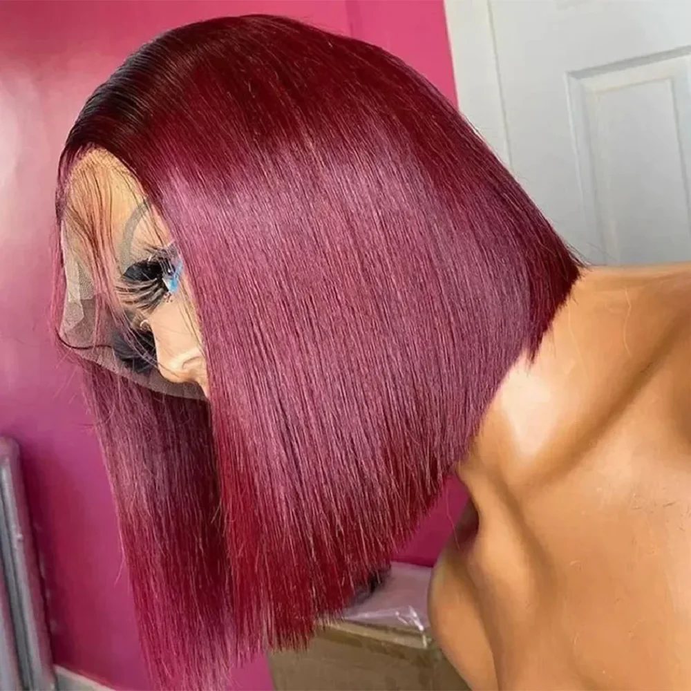

99J Bone Straight Short Bob Human Hair Wig 13x4 Lace Front Human Hair Wig For Black Women Burgundy Lace Frontal Wigs 200 Density